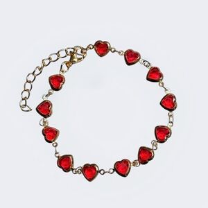 Gold Tone Red Heart Charm Bracelet | Valentine Romantic Jewelry